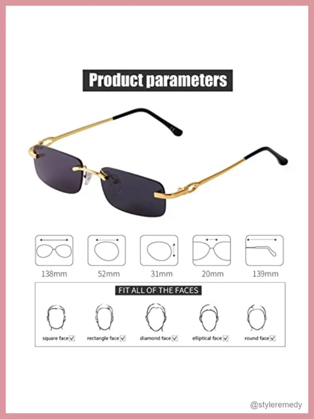 Retro Rimless Rectangle Sunglasses UV400 Protection Metal Frame Non-Polarized